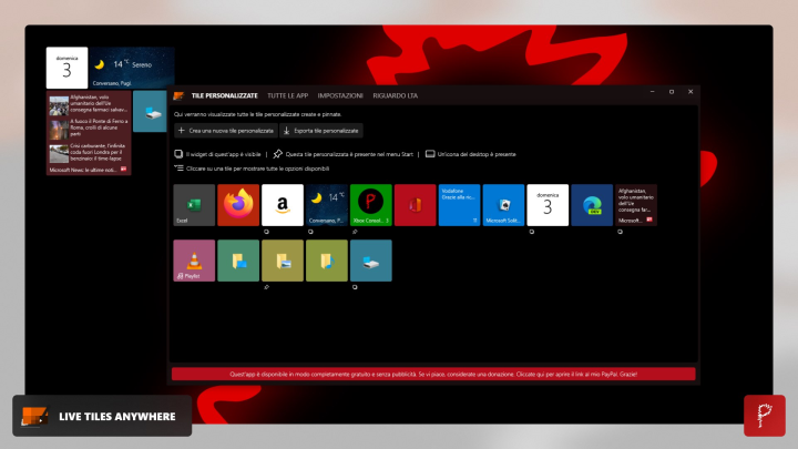 Screenshot of Live Tiles Anywhere. Any customized tile is available in a central hub, where you can easily manage and export them.