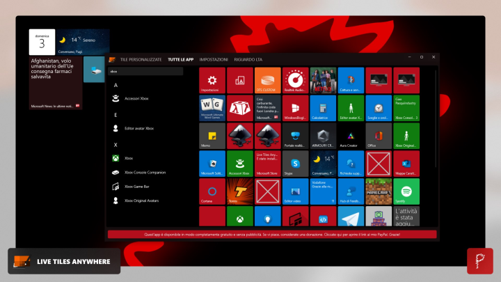 Screenshot of Live Tiles Anywhere. All the Start Menu apps, all the UWP apps and games, all the Steam and Epic Games Store apps are easily accessible.