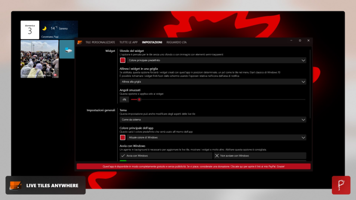 Screenshot of Live Tiles Anywhere. Multiple settings awaits you. Make LTA yours!
