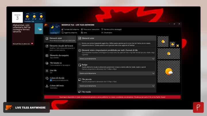 Screenshot of Live Tiles Anywhere. Customize your tile in a lot of aspects including all the visuals for all the sizes, the background color, the foreground color, the branding text and more.